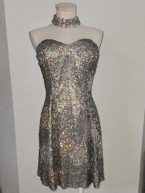 Scala Strapless Sequined Cocktail Dress in Silver and Gold